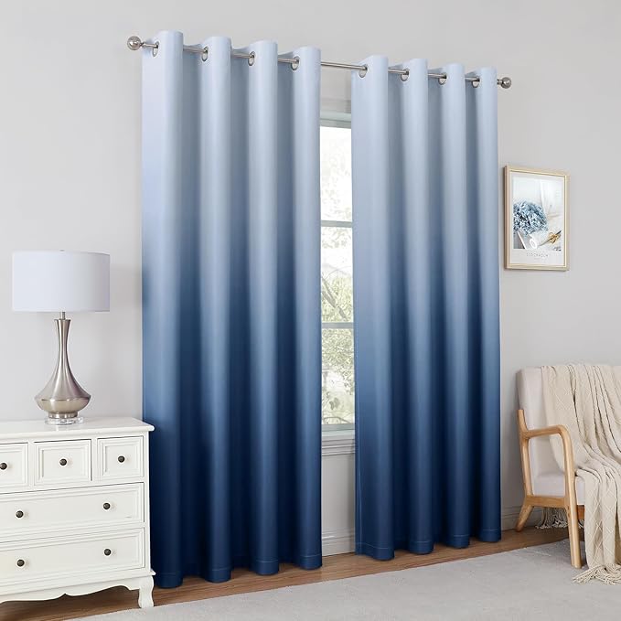 HOMEIDEAS Navy Blue Ombre Blackout Curtains 52 X 63 Inch Length Gradient Room Darkening Thermal Insulated Energy Saving Grommet 2 Panels Window Drapes for Living Room, Bedroom