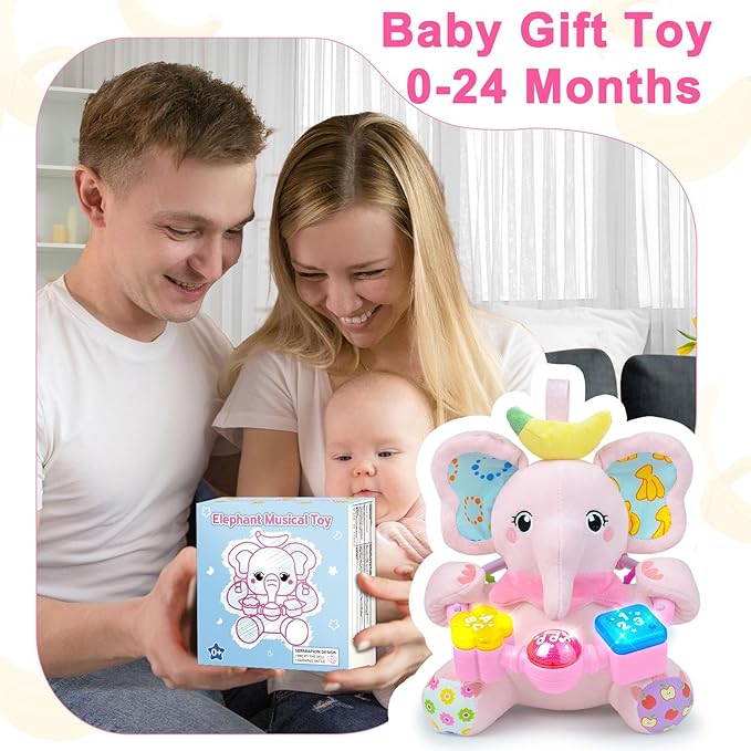 Baby Elephant Musical Stuffed Animals Toy with Light-Up Music & Crinkle Sound Paper,Infant Bilingual Early Learning Education Toys,Tummy Time Toys for 0-3-6-12+ Months Boy Girl, Pink