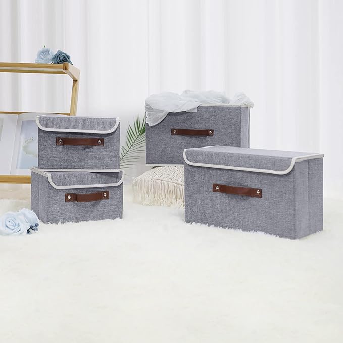 ANMINY 2PCS Storage Bins with Lid PU Leather Handles Storage Boxes PP Plastic Board Decorative Foldable Lidded Cotton Linen Fabric Home Cubes Baskets Closet Organizer Containers - Gray, Small Size