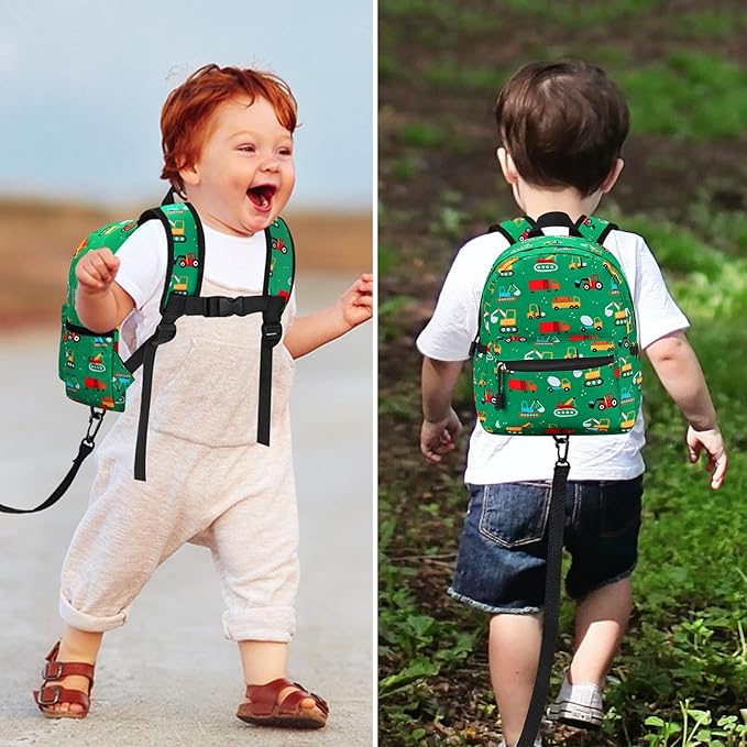 Accmor Toddler Backpack with Leash, Cute Baby Backpack with Anti Lost Wrist Link, Mini Kids Backpack Leash Walking Harness for Travel, Small Excavator Backpack Tether for Boys Girls Ages 1-3 (Green)