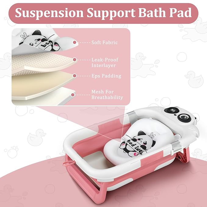 Foldable Baby Bathtub, Lightweight Bathtub for Infants to Toddlers with Soft Cushion & Thermometer, Portable Baby Tub Newborn to Toddler 0-36 Months(Pink)