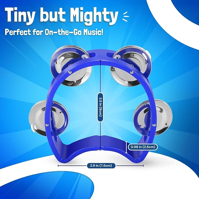 Flexzion Tambourine Hand Bell Percussion Musical Instruments (Blue, 2 Pack), Plastic Music Instrument Half Moon Mini D Handheld Shaker, Jingle Bells