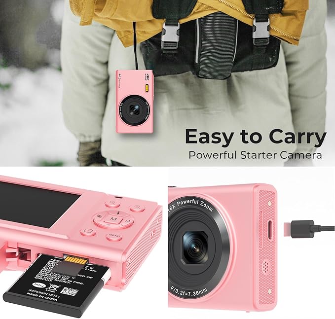 Upgrade Digital Camera, FHD 4K 44MP Autofocus Digital Point and Shoot Video Camera with 16X Zoom, 32GB SD Card, Compact Digital Camera Cheap for Teens Boys Girls Kids Pink Camera