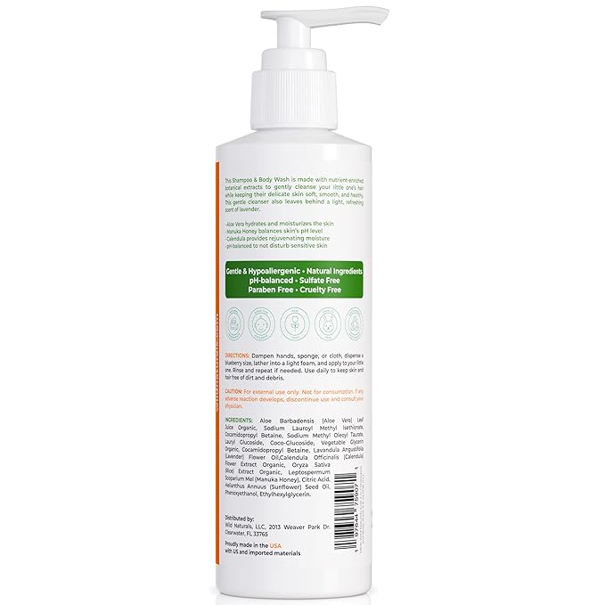 Wild Naturals Baby Eczema Shampoo & Body Wash, Gentle Eczema Body Wash for Kids with Aloe, Calendula & Manuka Honey, Tear-Free, Hypoallergenic, Natural Formula for Dry, Sensitive Skin, 8 fl oz
