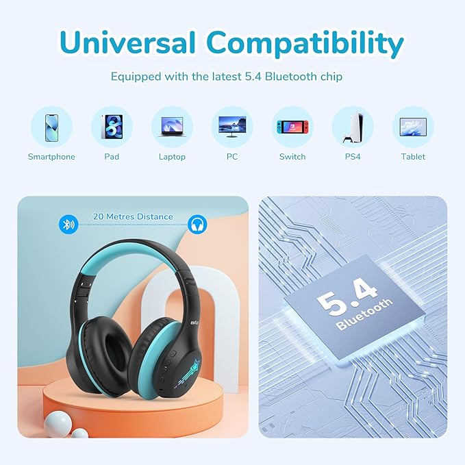 EarFun K4 Kids Bluetooth Headphones, Wireless Headphones with LED Lights, 74/85/94dBA Volume Limited, Built-in Mic, 90H Playtime, Bluetooth 5.4 Over Ear Headphone for iPad/Tablet/School, Dark Black