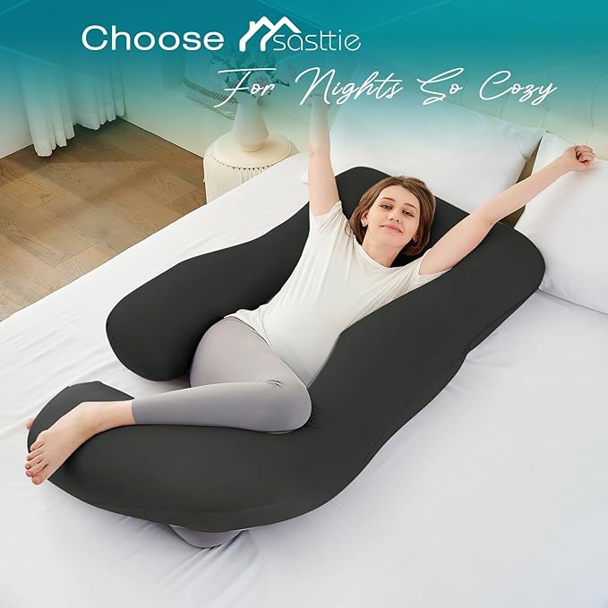 Sasttie Pregnancy Pillows for Sleeping, Jumbo U Shaped Cooling Full Body Pillow with Removable Cover, Pregnant Women Must Haves, Maternity Essential, Black