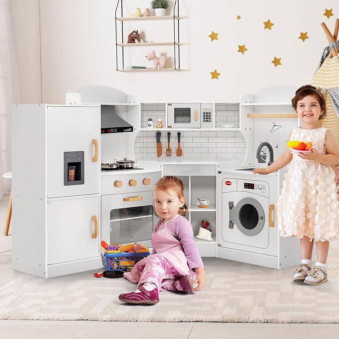 Costzon Corner Kids Kitchen Playset, Wooden Play Kitchen with Sounds & Lights, Washing Machine, Range Hood, Ice Maker, Microwave, Oven, Sink, Pretend Toy Kitchen Set for Toddler, Gift for Boys Girls