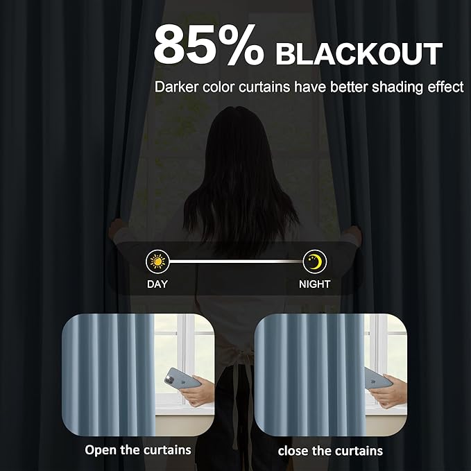 Slate Blue Blackout Curtains 90 Inches Long, Pinch Pleat with Hooks, Black Out Drapes Thermal Insulated Modern Elegant Greyish Blue Darkening Window Curtain Panels for Kids Nursery 40X90-in