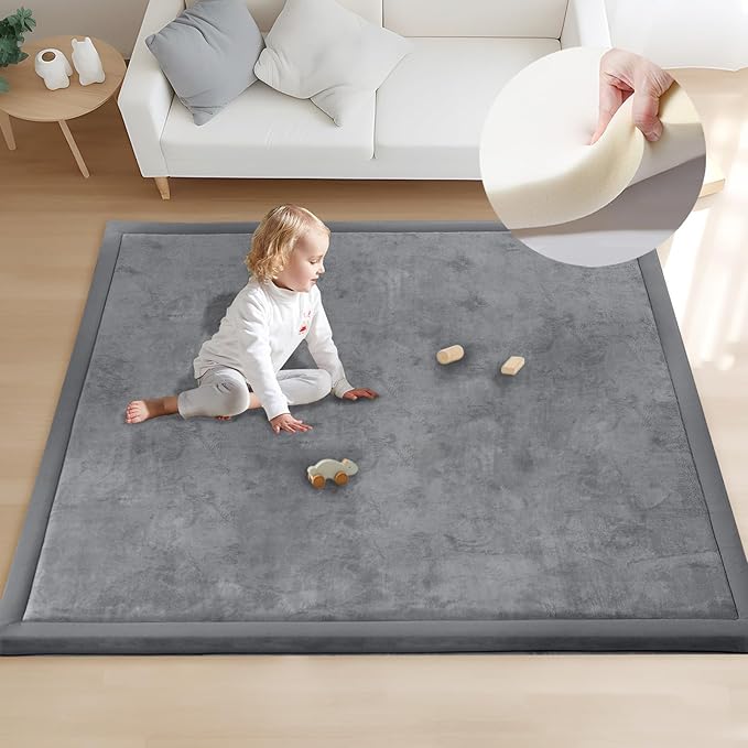ACOMOPACK Baby Play Mat for Floor 1.3" Thick Memory Foam 50x50 Soft Velvet Playpen Mat for Kids,Infants,Toddlers,Tummy Time Crawling Mats with Non-Slip Bottom,Yoga,Tatami,Nursery Rug(Dark Grey)