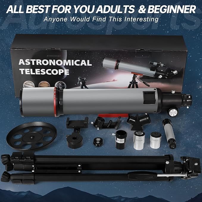 Aurosports Telescope for Adults High Powered - 90mm Aperture 600mm Refractor Telescope for Kids & Beginners -Portable Travel Telescope with Phone Adapter Tripod Wireless Remote & Carry Bag