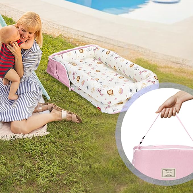 Baby Lounger for Newborn Portable Bag,Baby Nest Play Gym mat with Strap,Newborn Lounger Adjustable Size & Inner Zipper Lengthen Space to 24 Months(Pink Polka Dots)