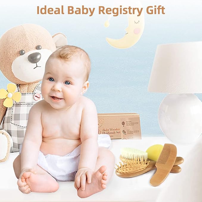 Baby Hair Brush and Comb Set (4-Piece) for Newborn - Wooden Baby Hairbrush Set,A Beechwood Brush, Baby Airbag Brush, Beech Handle Brush, and Prevent Cradle Cap Silicone Brush - Ideal Registry Gift