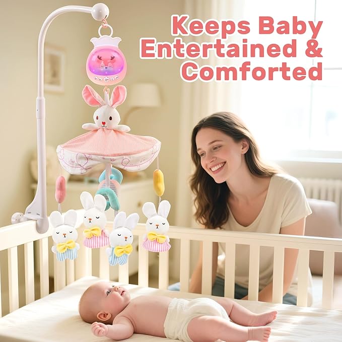 Baby Crib Mobile for Girls with Music, Lights & Projection, Adjustable Volume, 360° Rotating Plush Crib Toys with Detachable Musical Box, Hanging Mobile for Crib, Nursery Decor