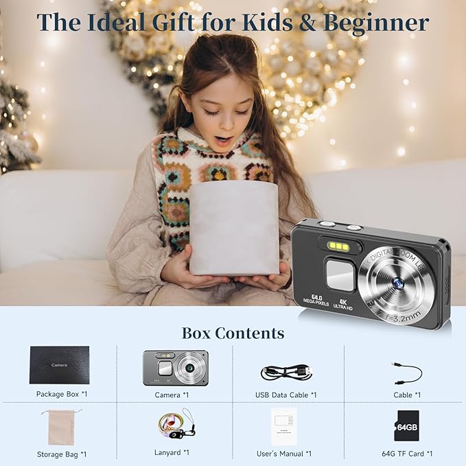 Digital Camera, Autofocus 4K 64MP Point and Shoot Digital Cameras for Teens with 64GB Card, 18X Zoom Anti-Shake Compact Video Camera for Student Kids Boys Girls Beginner - Black