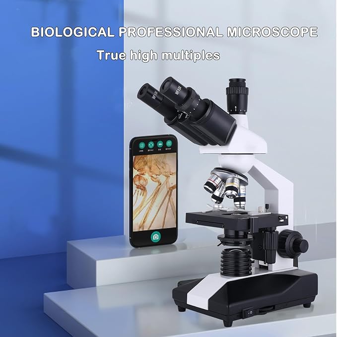 Compound Trinocular Microscope 40X-5000X Magnification, Research Grade Professional Microscope, Two Levels of Mechanical Stage LED Illumination, USB Video Camera with Microscope for Adults