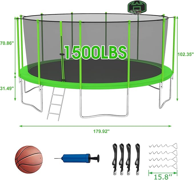 SKYUP Tranpoline 1500LBS 16 15 14 12 10 8 FT Tranpoline for 7-10 Kids and Adults, Windproof Outdoor Tranpoline with Enclosure Net, Basketball Hoop, Easy to Install & Last Long - ASTM Approved