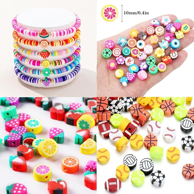 Christmas Gift Set,10000PCS Polymer Clay Beads Bracelet Making kit, Cute Fun Beads Fruit Flower Animal Cake Butterfly Heart Beads Charms for Jewelry Making DIY Accessories for Children Girls