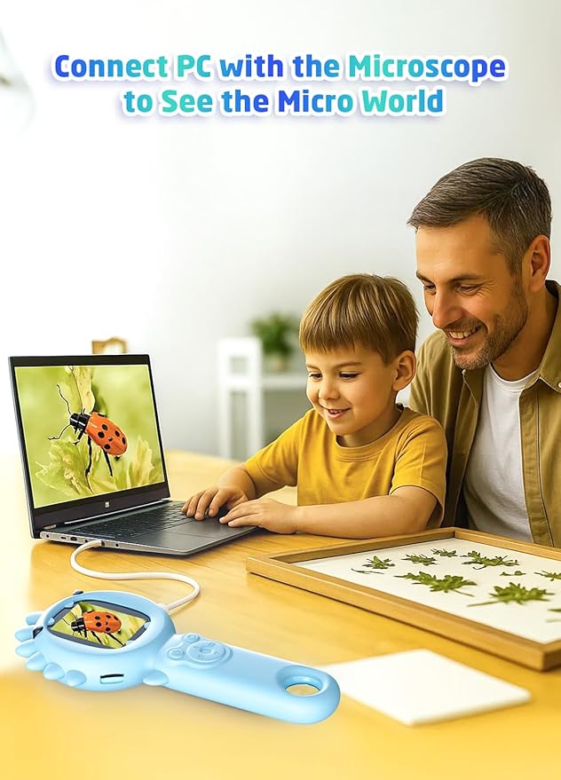 2-in-1 Microscope Camera for Kids, Mini Handheld Microscope Supporting Multiple Viewing Angles, Outdoor Educational Science Adventure Toys, Birthday Gifts for 3-10 Years Old Boys Girls, Blue Dinosaur