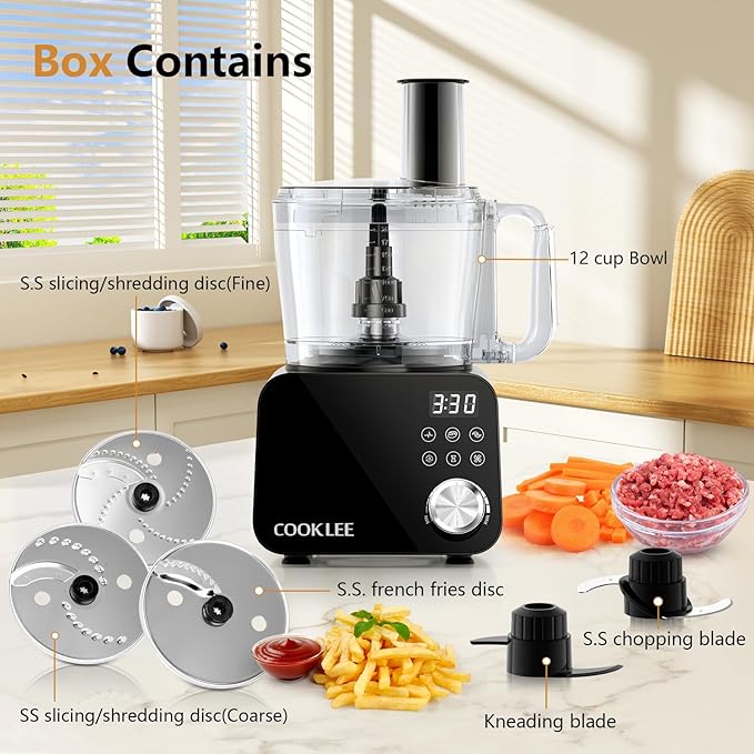 COOKLEE Food Processor, 600 Watts, 6 Functions Electric Food Chopper for Chopping, Mincing, Dicing, Shredding, Slicing, Purees & Dough with 12cup Processor Bowl, Food Chute & Pusher, Black