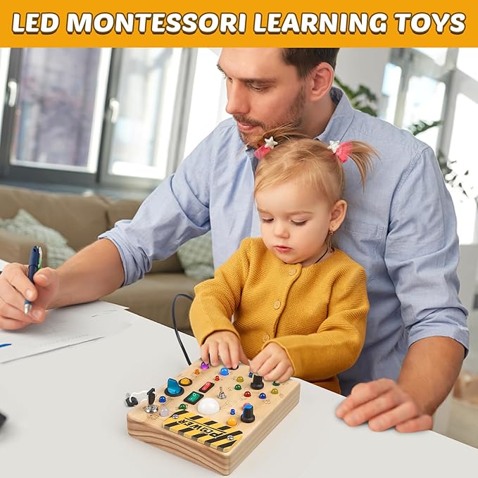 Joyreal Montessori Toddler Busy Board, 19 Led Wooden Sensory Board Educational Toy, Montessori Toys for 1-6 Year Old, Travel Toys Gifts for Toddlers Boys and Girls