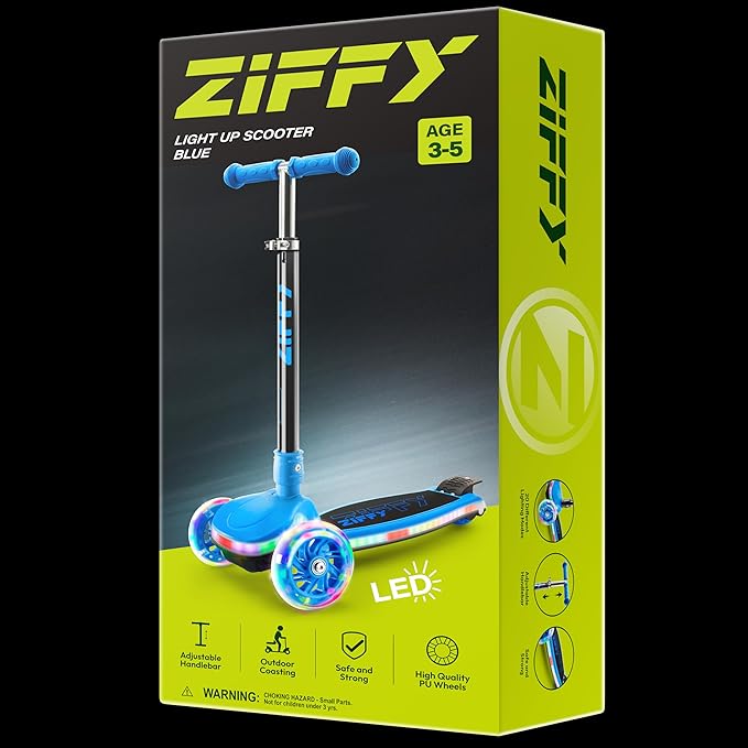 ZIFFY 3-Wheel Light-Up Kids Scooter, Kids Balance Scooter for Boys Girls with 20 Dynamic LED Lights, 4 Adjustable Height, Lean-to-Steer Design with Anti-Slip Wide Surface for Stability - Up to 110LBS