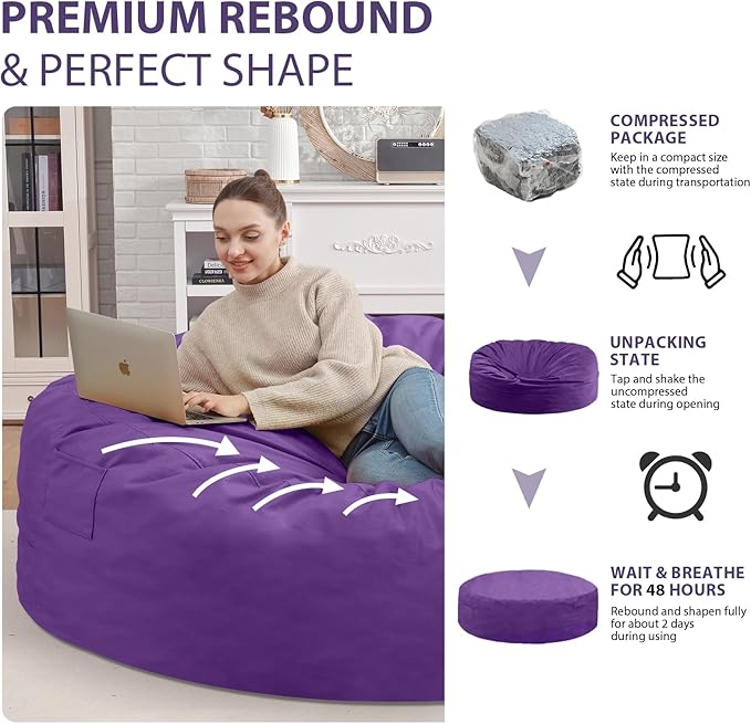 7FT Bean Bag Chair, Large Bean Bag Chairs with Memory Foam Filled, Fluffy Beanbag Sofa with Dutch Velvet Cover, Round BeanBag Chairs for Living Room, Playroom - Purple