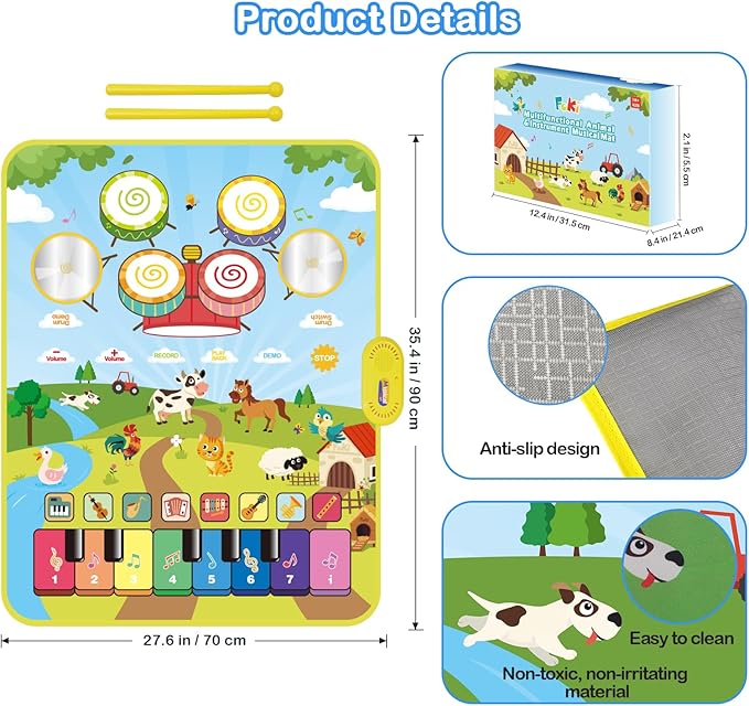 Foki 3-in-1 Musical Mats, Child Floor Piano Drum Animal Music Play Mat Montessori Sensory Early Educational Musical Learning Toys for Baby Girls Boys Birthday Toddlers 1-5 Years Old