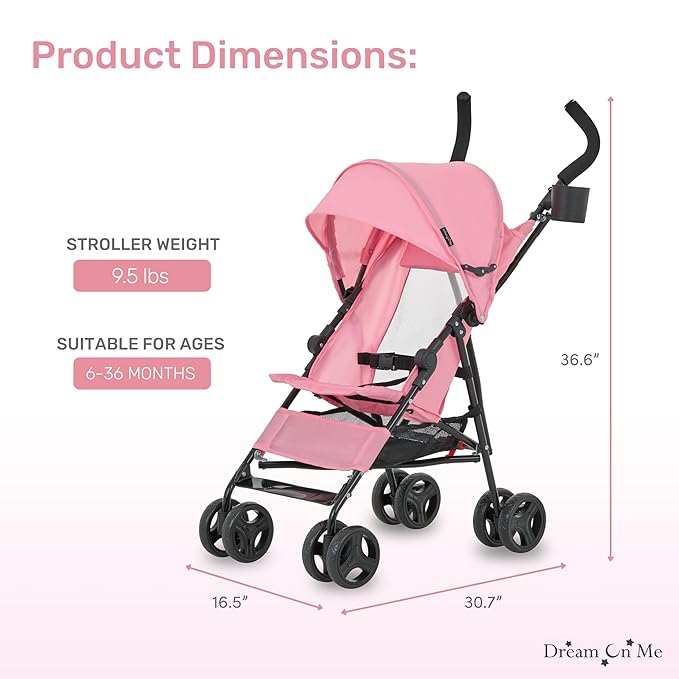 Dream On Me Rover Convenience Baby Stroller in Pink, Lightweight & Compact Umbrella Stroller, Easy one-Hand fold Travel Stroller, Lockable Rear Wheels, Removable & Adjustable Canopy