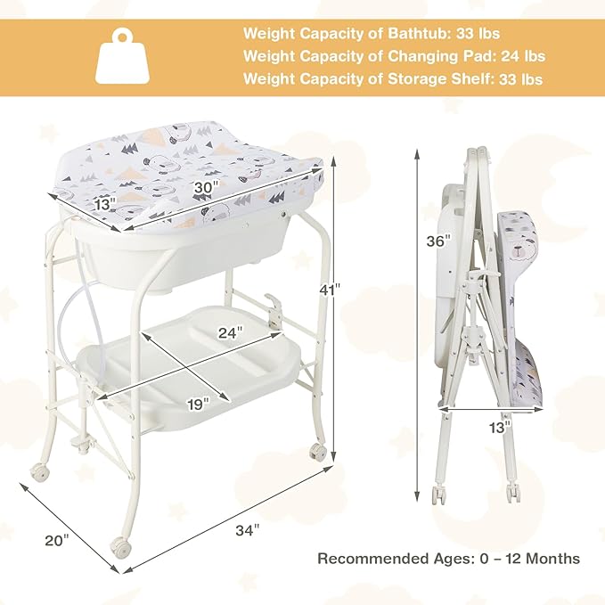 HONEY JOY Baby Changing Table with Bathtub, Foldable Infant Diaper Changing Station with Wheels, Storage Tray, Waterproof Pad, Portable Newborn Nursery Organizer Bath Stand for Boys Girls (White)