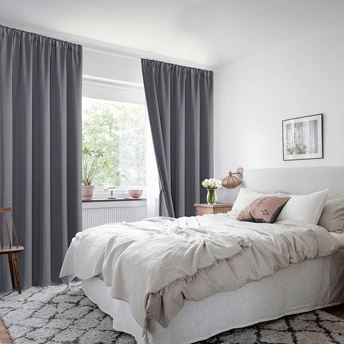 XWZO 100% Blackout Curtains 95 Inches Long with Tiebacks- Rod Pocket Privacy Protection & Noise Blocking Window Draperies with Black Liner for Bedroom/Living Room, Dark Grey, W52 x L95, Set of 2