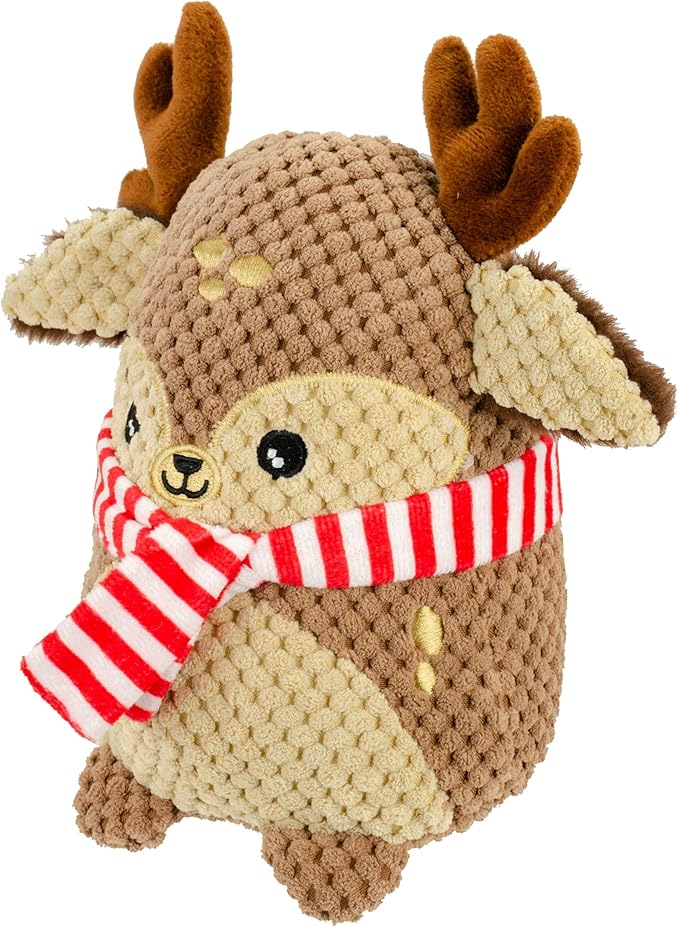 Giftable World Holiday Plush Pet Toy Fun for Christmas Designs with Squeaker Dog Chew Toy (7" Tubby Reindeer w/Scarf & Squeaker)