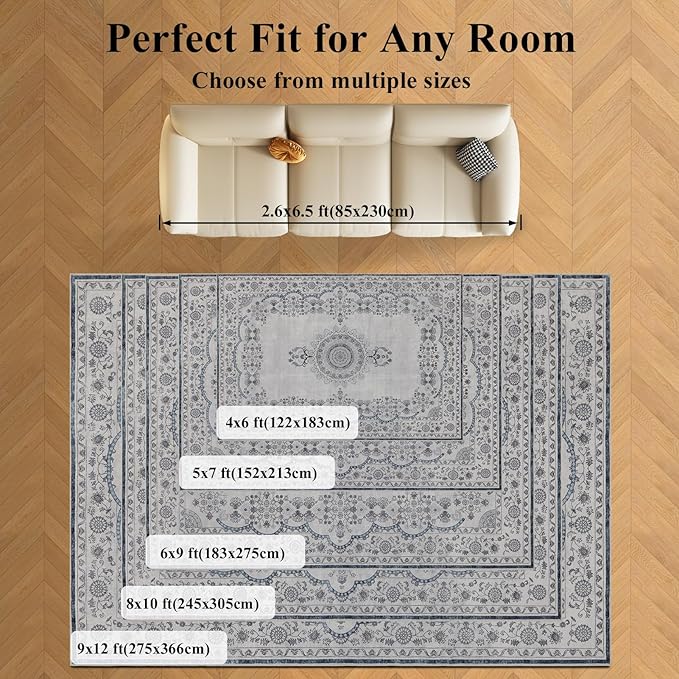Washable Rugs 5x7 Area Rugs for Living Room, Thin Carpet for Bedroom, Soft Faux Wool Retro Dining Room Rug,Non Slip&Non-Shedding Resistant Low Pile Vintage Print Rug for Home Office (Grey/Blue)