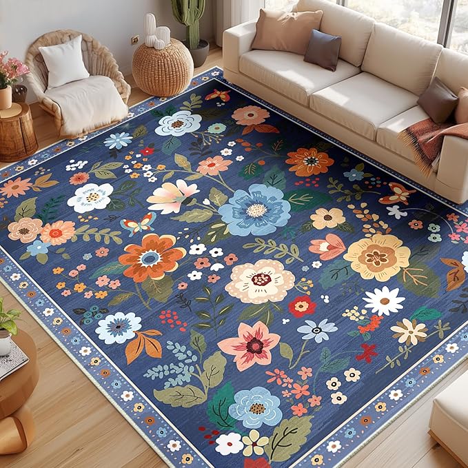 Floral 6x9 Area Rug Machine Washable Soft Print Boho Carpet Non Slip Doormat Low Pile Flower Area Rugs for Living Room Bedroom Nursery Kitchen Dining Room Indoor-Blue/Grey