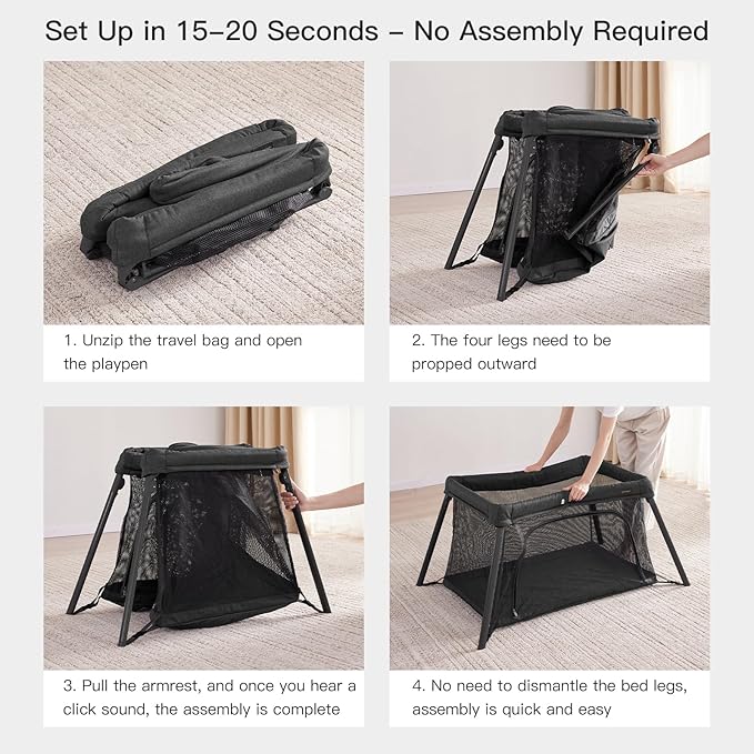 2 in 1 Portable Travel Crib for Toddler, Foldable Crib for Baby, Lightweight Playpen Collapsible Playard with Soft Mattress, Easy to Carry Baby Travel Bed for Outdoor, Indoor (Black)
