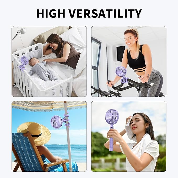AMACOOL Battery Operated Stroller Fan Flexible Tripod Clip On Fan with 3 Speeds and Rotatable Handheld Personal Fans for Car Seat Crib Bike Treadmill (Purple)