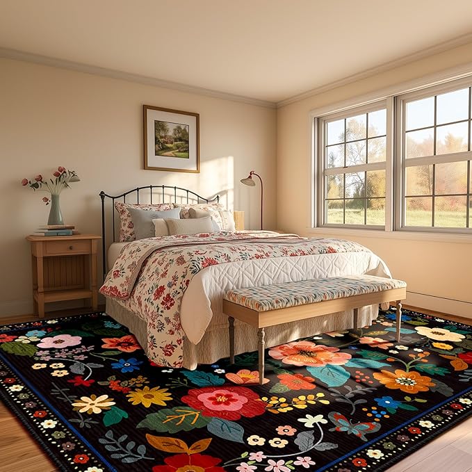 Floral 6x9 Area Rug Machine Washable Soft Print Boho Carpet Non Slip Doormat Low Pile Flower Area Rugs for Living Room Bedroom Nursery Kitchen Dining Room Indoor-Black
