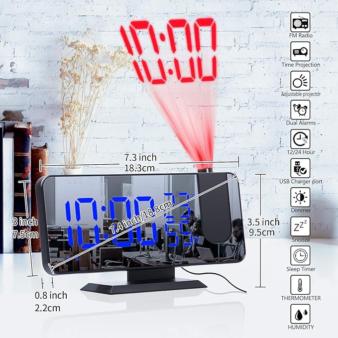 Projection Digital Alarm Clock for Bedrooms,Alarm Clock Radio on Ceiling, USB Charger Port, Temperature & Humidity Display, 7.3” Large Mirror LED Display,12/24H,Snooze,Dual Loud Clock- 4 Dimmer