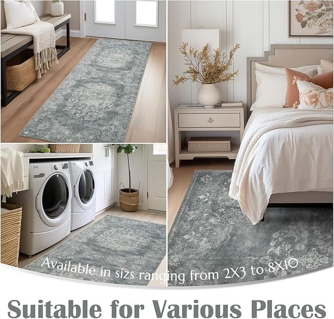 jinchan Floral 2x3 Rug for Entryway - Vintage Washable Area Rug Ultra-Thin Low Pile Soft Small Non-Slip Distressed Indoor Doormat Accent for Entrance Kitchen Bedroom Bathroom (2x3ft,Grey)