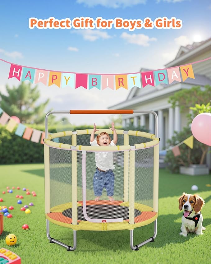 55” Trampoline for Kids, Powder-Coated Mini Trampoline for Toddlers, Indoor Outdoor Toys with Adjustable Gymnastics Bar, Swing, Basketball Hoop, Birthday Gifts for Boys & Girls Ages 1-8