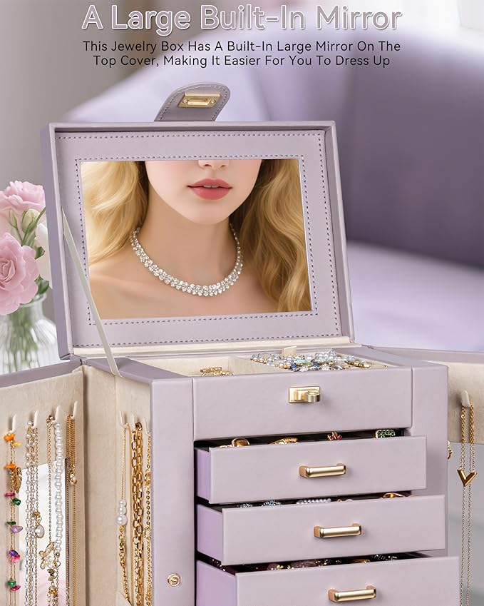 AKOZLIN 360° Rotating Jewelry Box 6-Tier Organizer Functional Jewelry Storage Case for Women Girls Ring Necklace Earring Bracelet Holder with Mirror Purple
