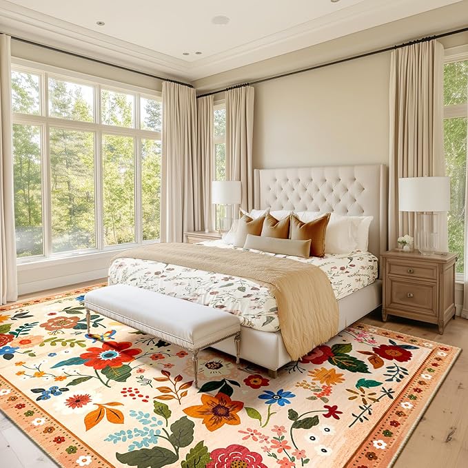 Floral 8x10 Area Rug Machine Washable Soft Print Boho Carpet Non Slip Doormat Low Pile Flower Area Rugs for Living Room Bedroom Nursery Kitchen Dining Room Indoor-Light Orange