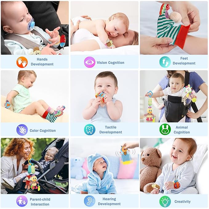 Wrist Rattles Foot Finder Rattle Sock Baby Toy, Hanging Rattle Toy, Hand Bracelet Rattle, Feet Leg Ankle Socks, Activity Rattle Present Gift for Newborn Infant Babies Boy Girl-12pcs A