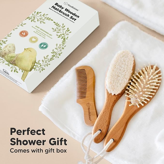 Baby Hair Brush and Comb Set for Newborn - Wooden Baby Hair Brush Set with Soft Goat Bristle, Baby Brush Set for Newborns, Baby Brush and Comb Set Girl, Boy, Toddler Cradle Cap Brush(Oval, Golden Oak)