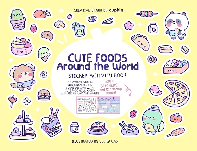 Girly Sticker Book Activity for Kids, Cute Foods Around The World by Cupkin, Toddler Airplane Travel Essentials, 500+ Stickers for Kids 12 Scenes + Coloring Book Pages, Crafts Ages 2-8