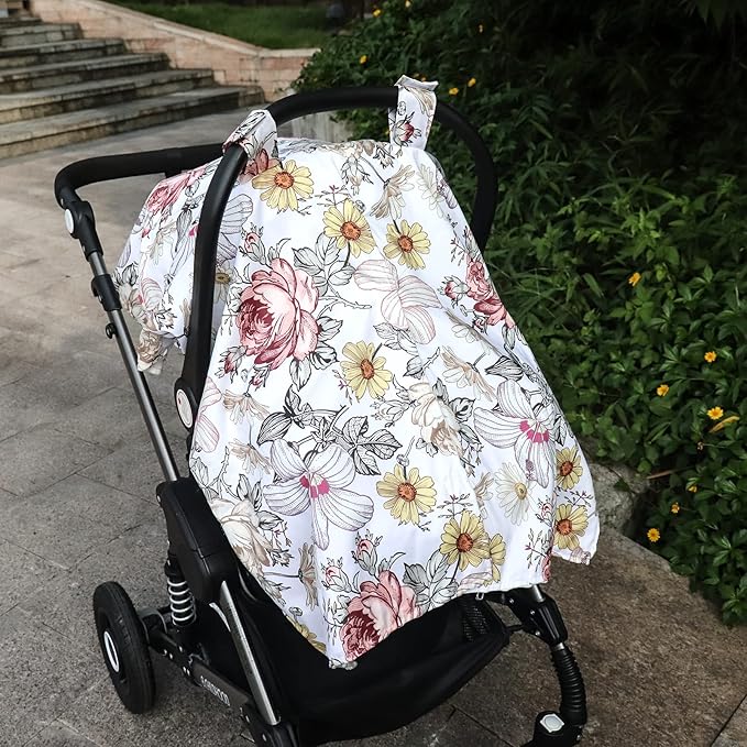 Floral Baby Car Seat Canopy Soft Plush Dotted Backing Baby Car Seat Cover Girls, Infant Carseat Canopy, Stretchy Multi- use Nursing Cover for Stroller/High Chair/Shopping Cart/Car Seat Canopies