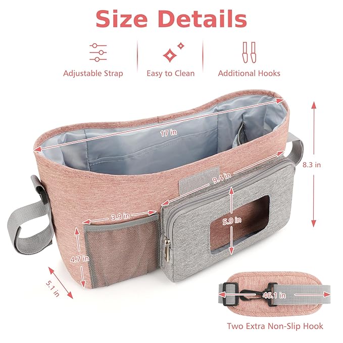 Accmor Universal Stroller Organizer with Insulated Cup Holder, Stroller Caddy Bag Accessories, Stroller Cup Holder Organizer for Uppababy Baby Jogger Britax Stroller, Pink