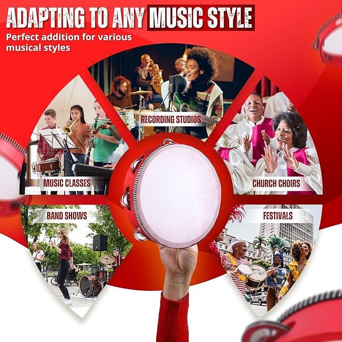 Flexzion Wooden Round Tambourine for Kids and Adults 6" Inch Single Row 8 Pair Jingles, Red Handheld Percussion Instrument for Beginner and Professional Tambourine Player