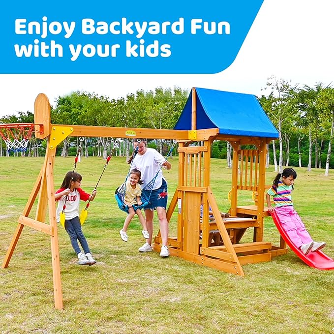 Kids Swing Sets for Backyard, Wooden Playground Sets for Ages 3-6 with a Wave Slide, Rock Climbing Wall, Sandbox, 2 Swings, and More,6-in-1 Outdoor Playset
