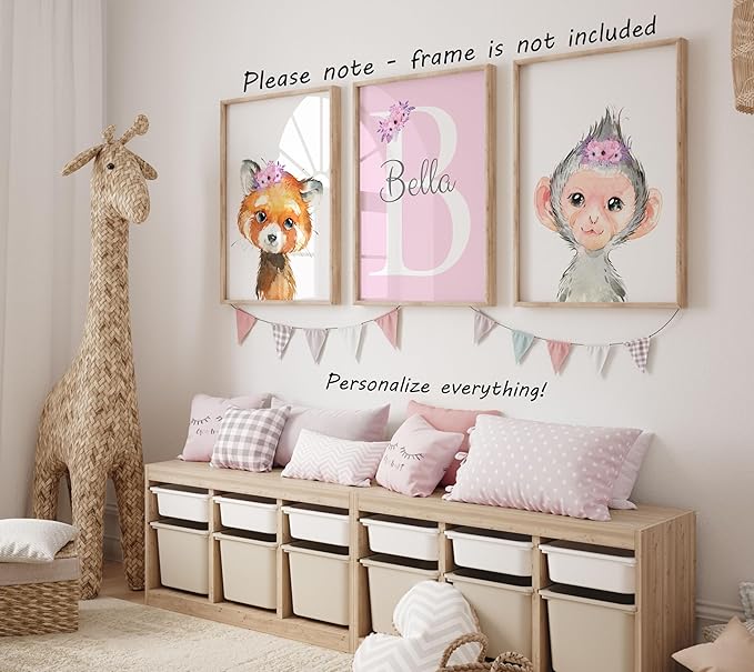 Personalized Safari Animals for Baby Girls Nursery, Set of 3 Unframed Poster Prints, Personalized Name Pink Lilac Floral, Girls Bedroom Decor, Elephant Giraffe (9x12)
