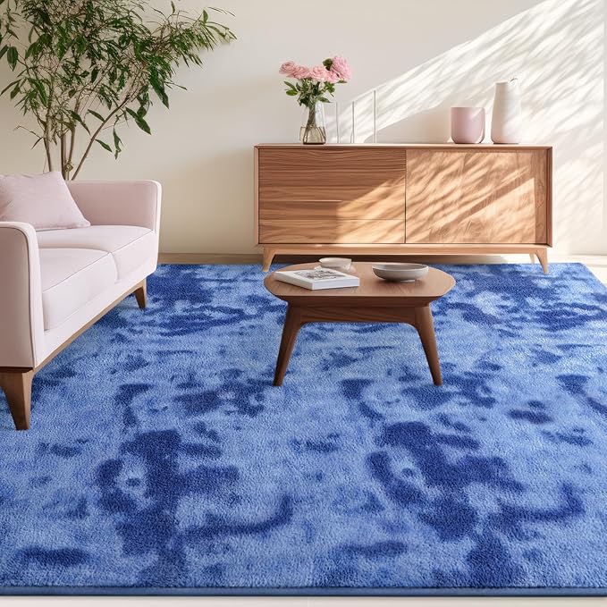 Kimicole 4x6 Washable Area Rugs for Bedroom Living Room, Low Pile Ulta-Thin Solid Color Rug, Non-Slip Soft Fluffy Carpet for Nursery Kids Room Dorm Room Home Decor (Blue)